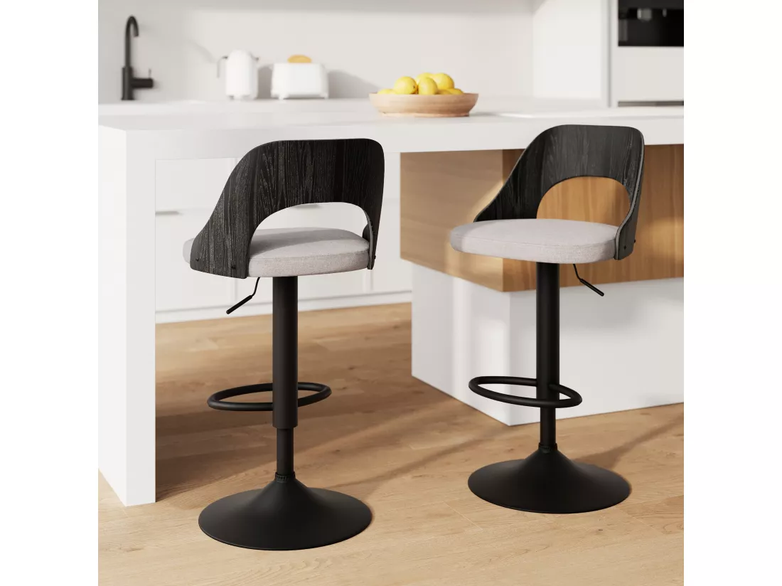 Lot de 2 chaises de bar réglables (63-85 cm) en tissu gris clair chiné - Emily