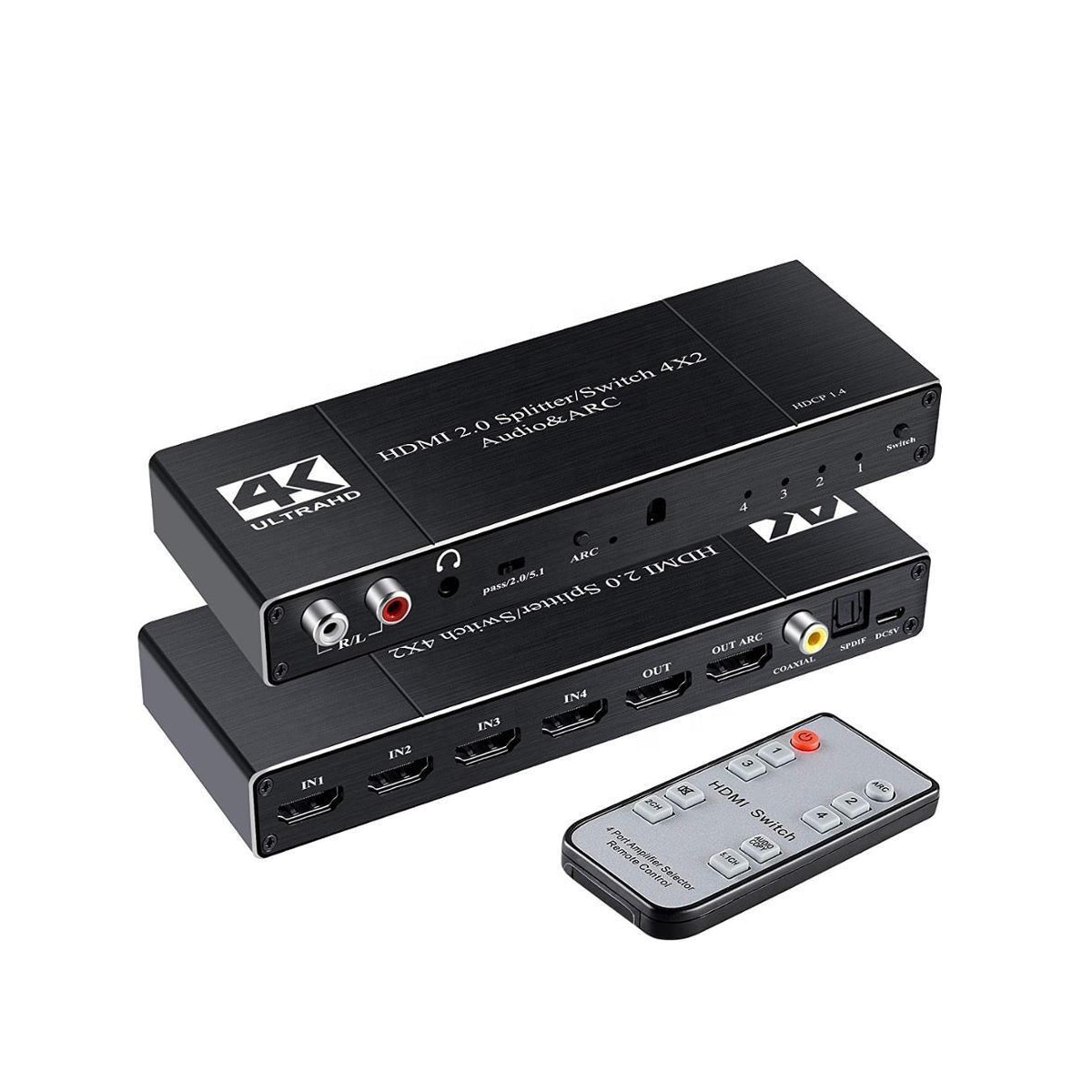 NÖRDIC HDMI Switch 4 til 2 med lydkontaktor og bue, 4kx2k i 60Hz, HDCP 2.2, 5.1 Surround, metall