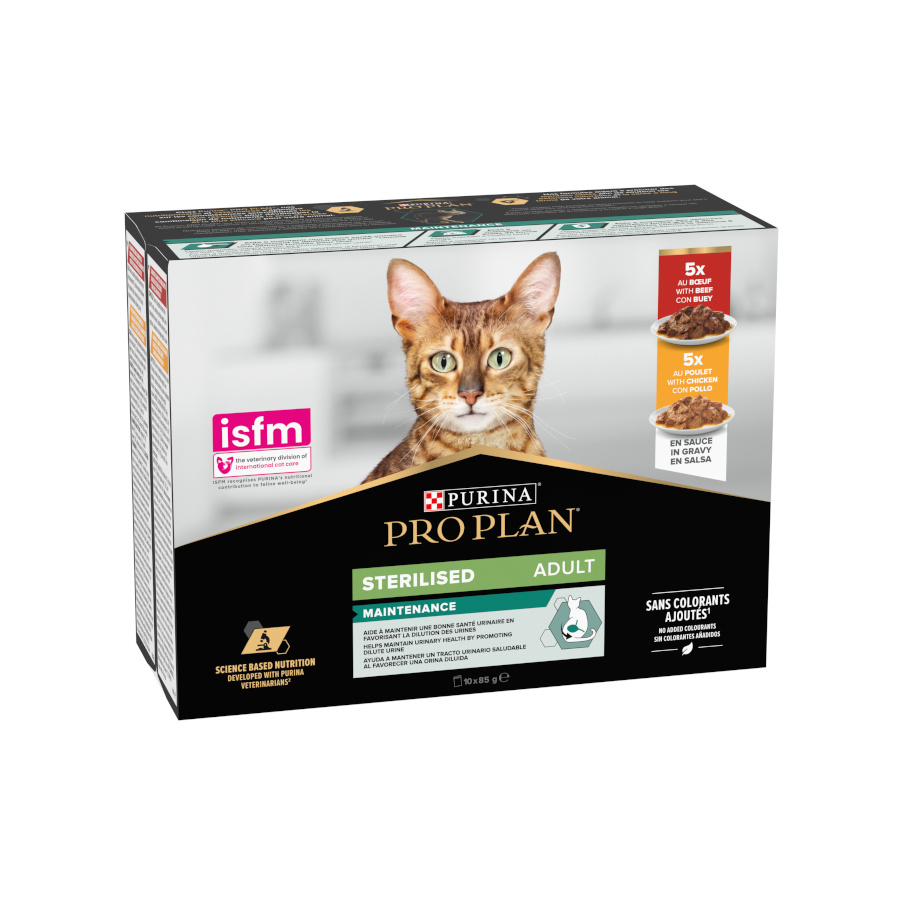 Pro Plan Adult Sterilised Maintenance Frango e Carne ao Molho para Gatos - Pacote com 10 sachês