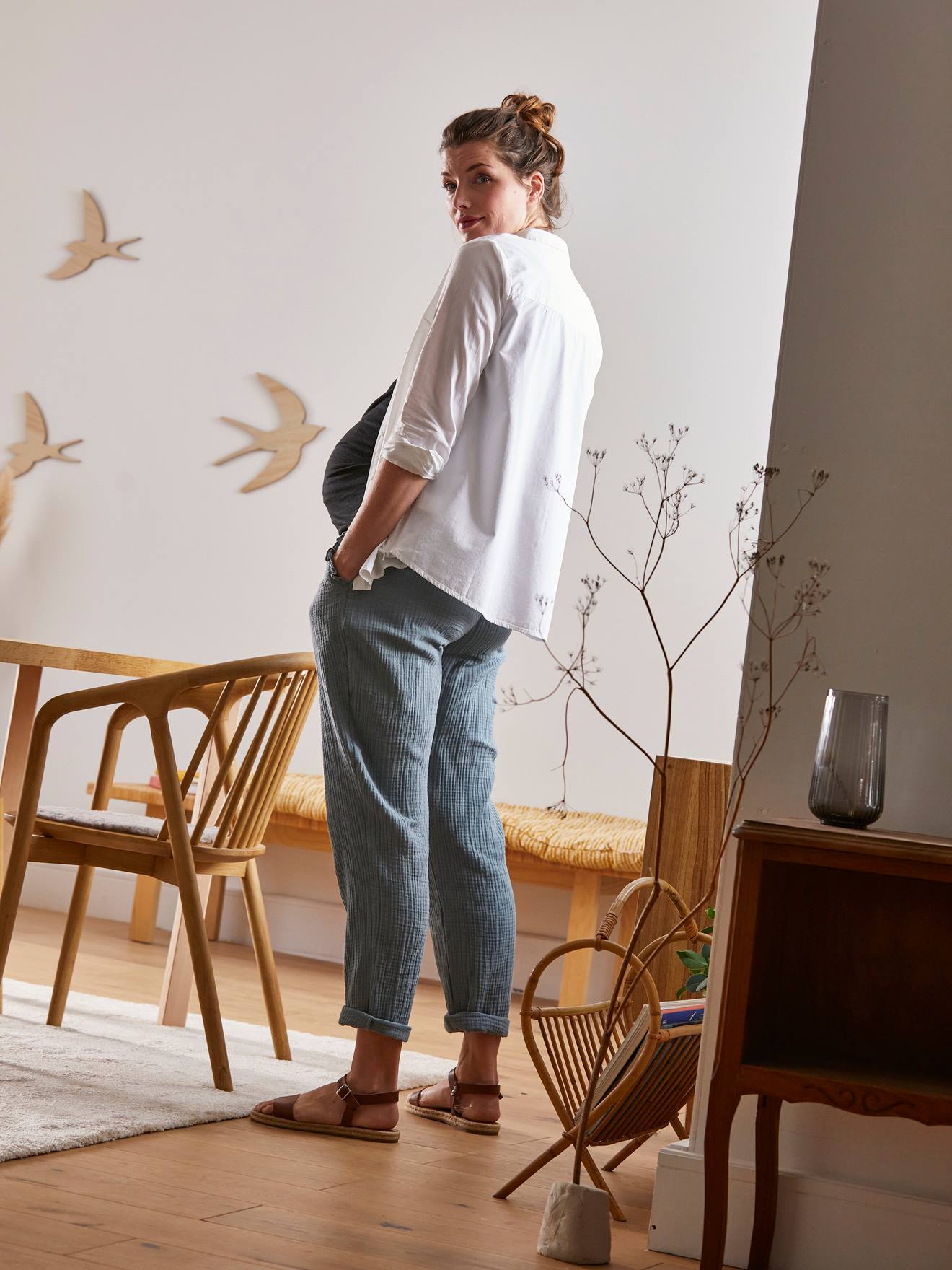 Calças de maternidade em chiffon de algodão cor argila