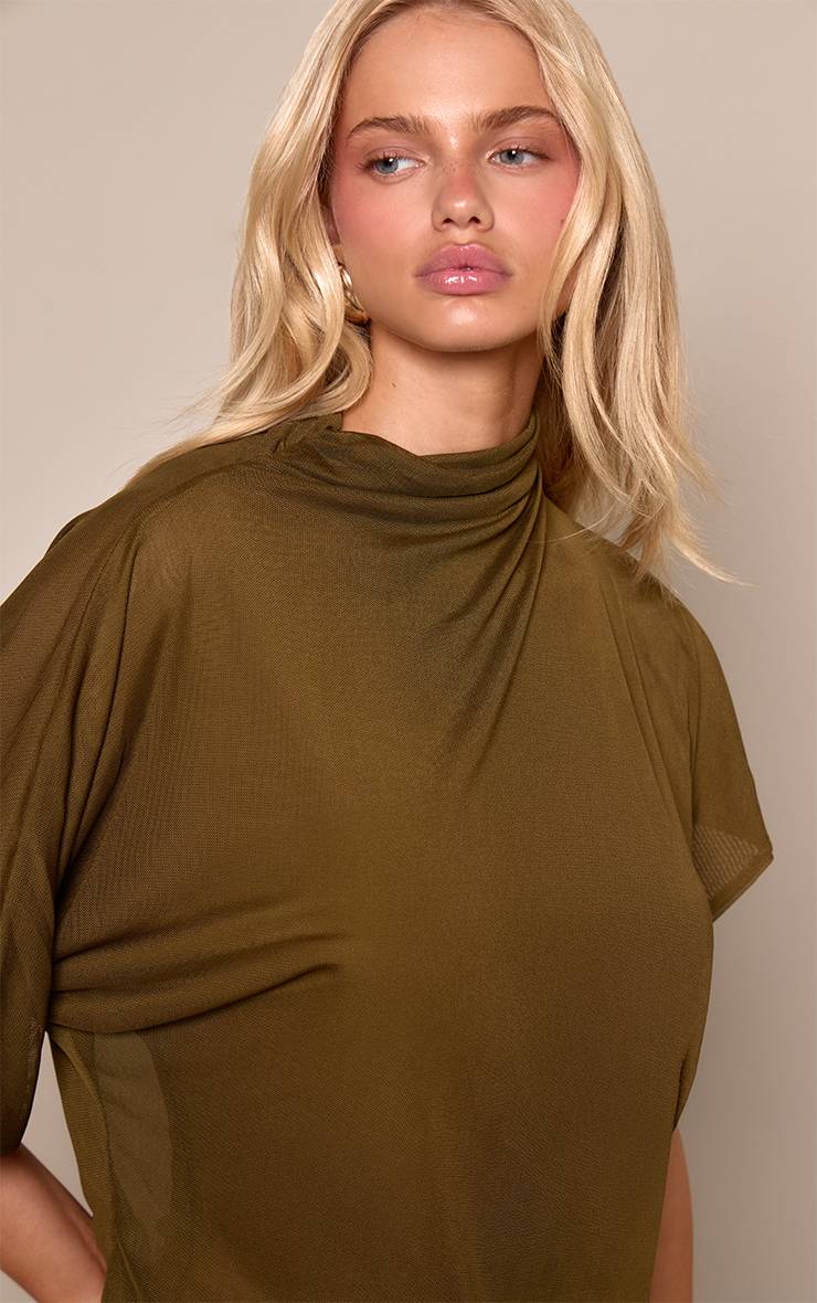 Vert Olive Robe Moulante En Mesh À Manches Drapées