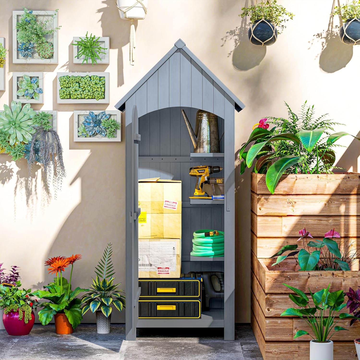Outsunny Abri de Jardin en Bois cabane de Jardin Exterieur Armoire de Jardin avec Toit bitumé 3 étagères Porte avec loquet Rangement et Stockage extérieurs pour terrasse 77,5 x 54,2 x 179,5 cm Gris