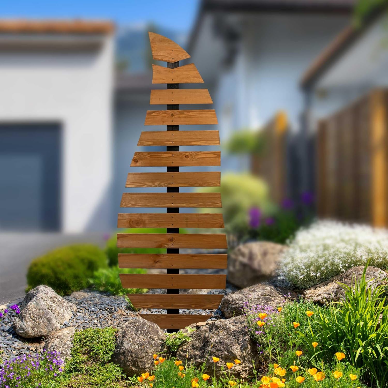 dobar® Green Label Rankhilfe Komplexus in Blattform zweifarbig aus Holz - Rankgerüst stehend mit Pfahl für Garten - Pflanzstütze für Kletterpflanzen