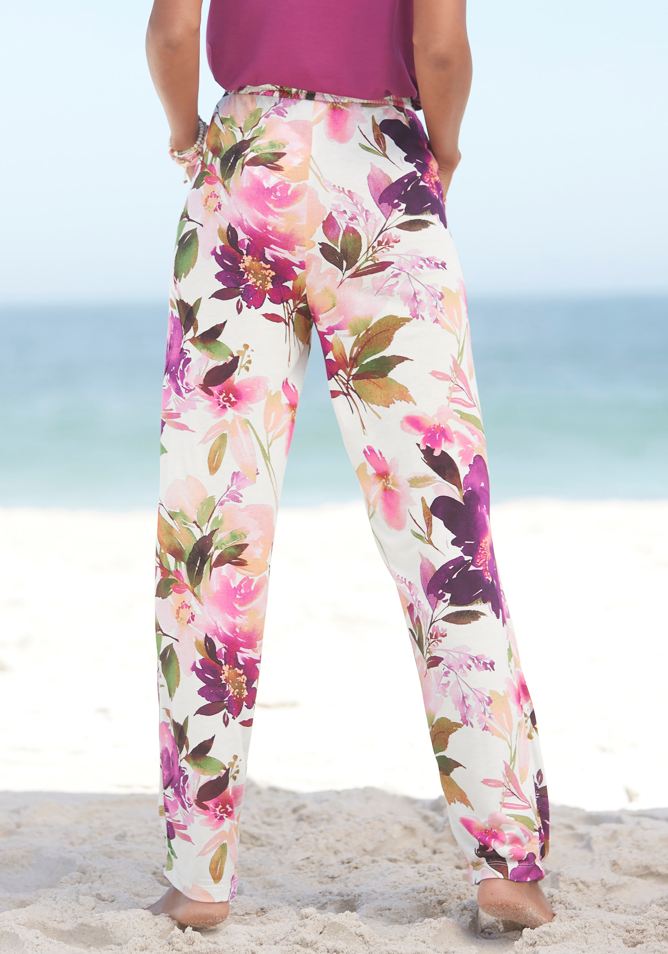 Beachtime Jerseyhose  mit Blumendruck und elastischem Bund, Sommerhose, Strandhose
