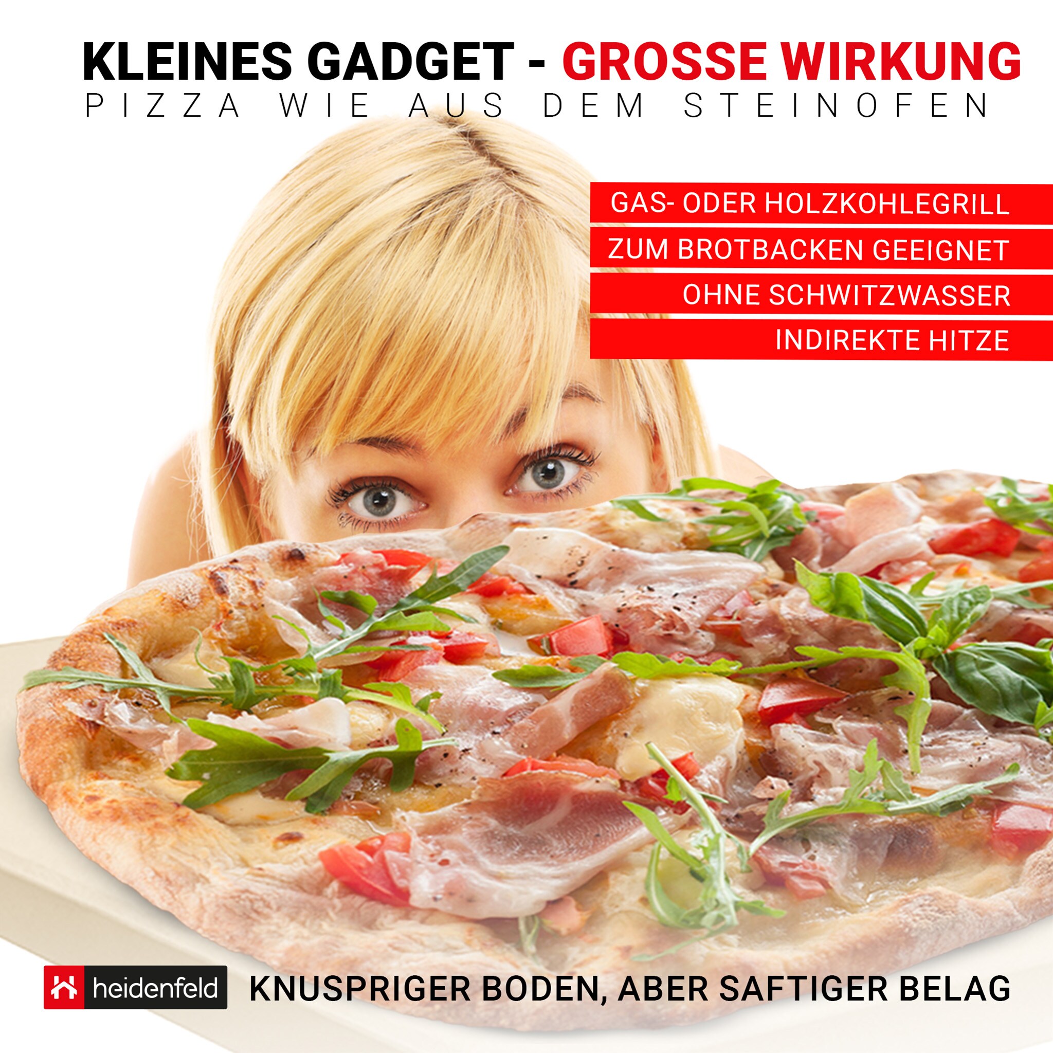 Heidenfeld XXL-Pizzastein, 46,5 x 35,5 x 1,5 cm, rechteckig, Cordierit, für Backofen oder Grill