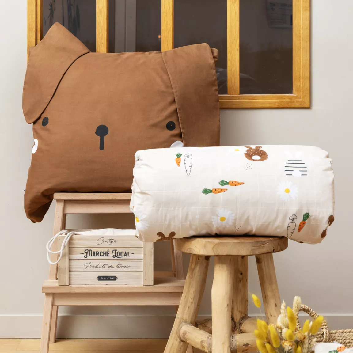 Housse de couette et une taie enfant coton (140 x 200 cm) Pompon Marron
