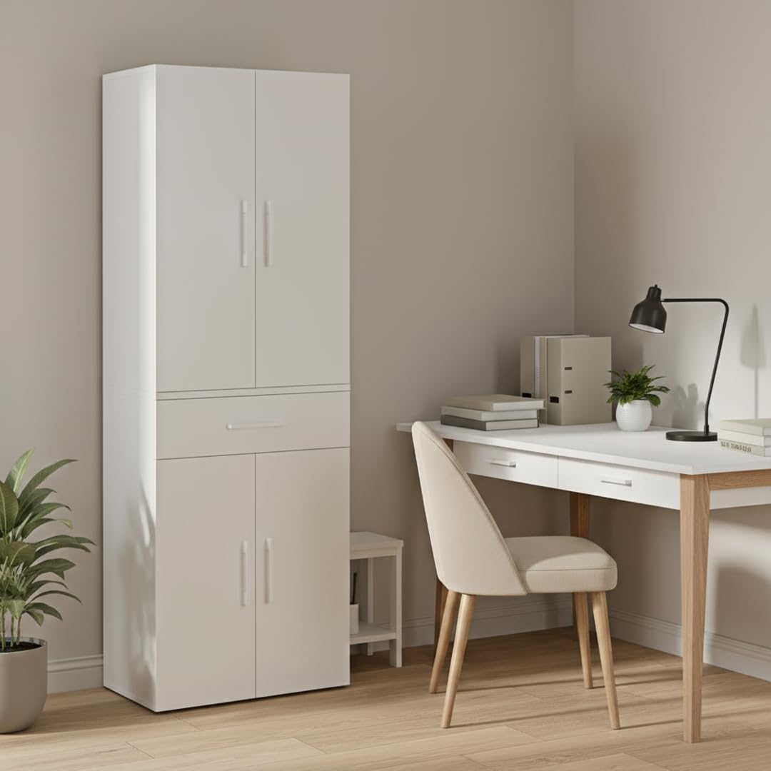 Bellamio Apol Mehrzweckschrank Weiß – Aktenschrank 60 cm breit – Hochschrank aus Holz – Aufbewahrungsschrank mit 5 Fächern & 1 Schublade – Büroschrank, Flurschrank, Allzweckschrank, Schuhschrank