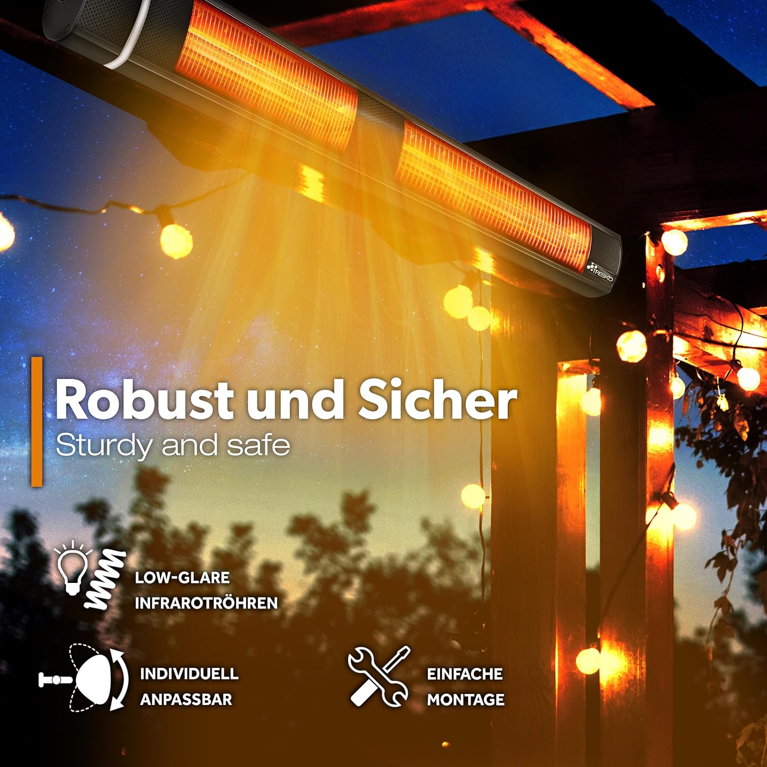 TRESKO Infrarot Heizstrahler 3000W mit Fernbedienung | Wärmestrahler Terrasse elektrisch mit 3 Heizstufen | Terrassenstrahler Innen & Außen | Wand Infrarotstrahler Wickeltischstrahler