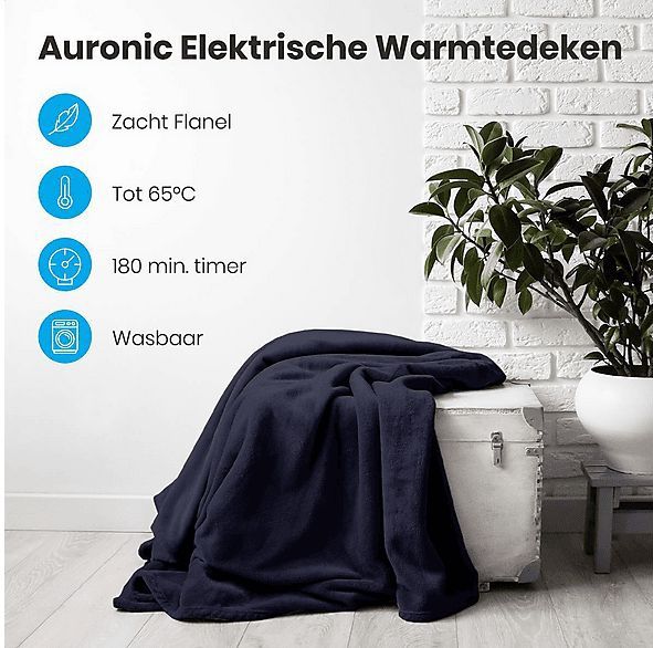 Auronic Elektrische Deken - Warmtedeken - 3 Warmtestanden - 2 Persoons - Bovendeken - Met Timer - 200 x 180 cm - Nachtblauw