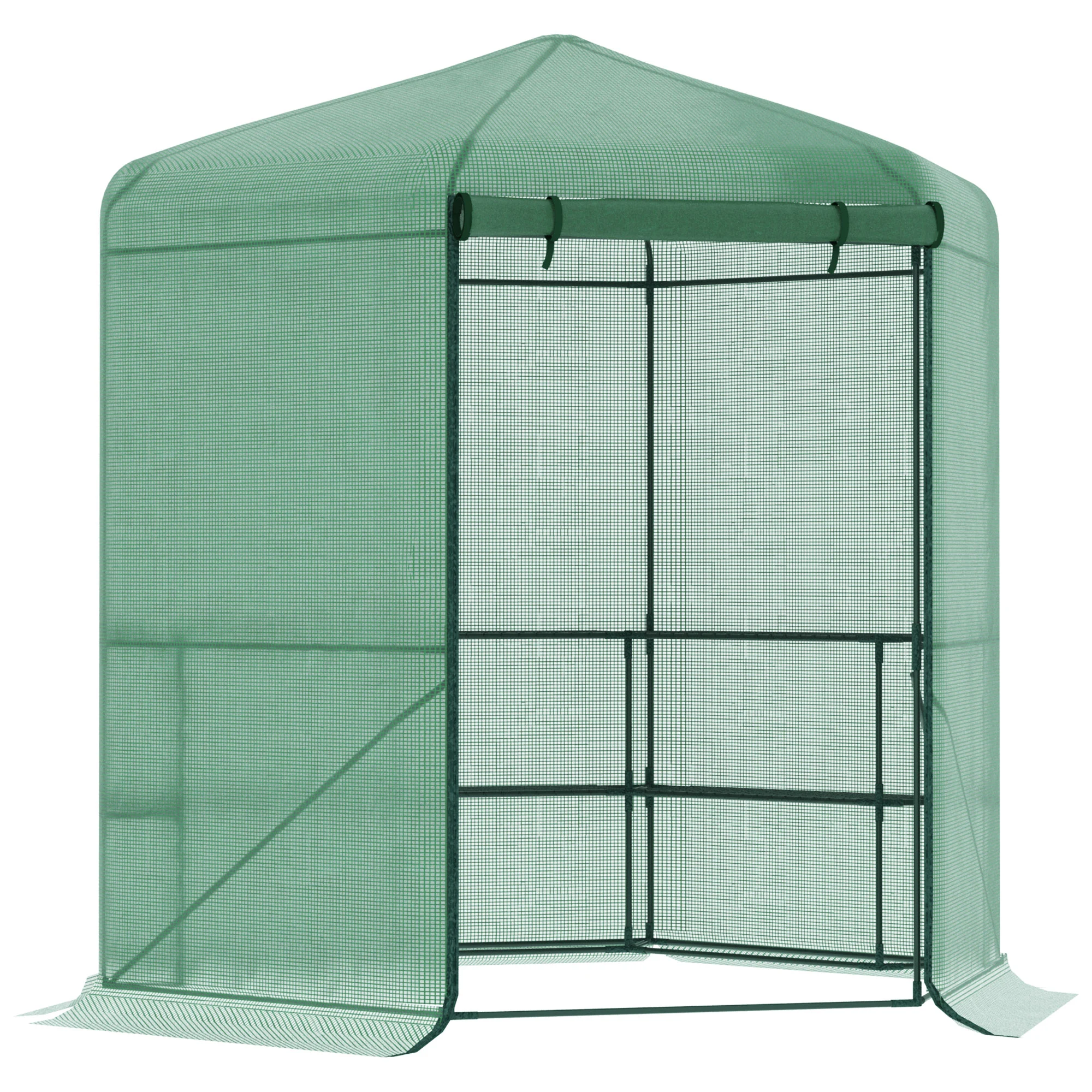 Estufa de jardim hexagonal Outsunny 194x194x215 cm com 6 prateleiras, porta de enrolar e estrutura de aço galvanizado para cultivo de plantas, vasos e flores (verde)