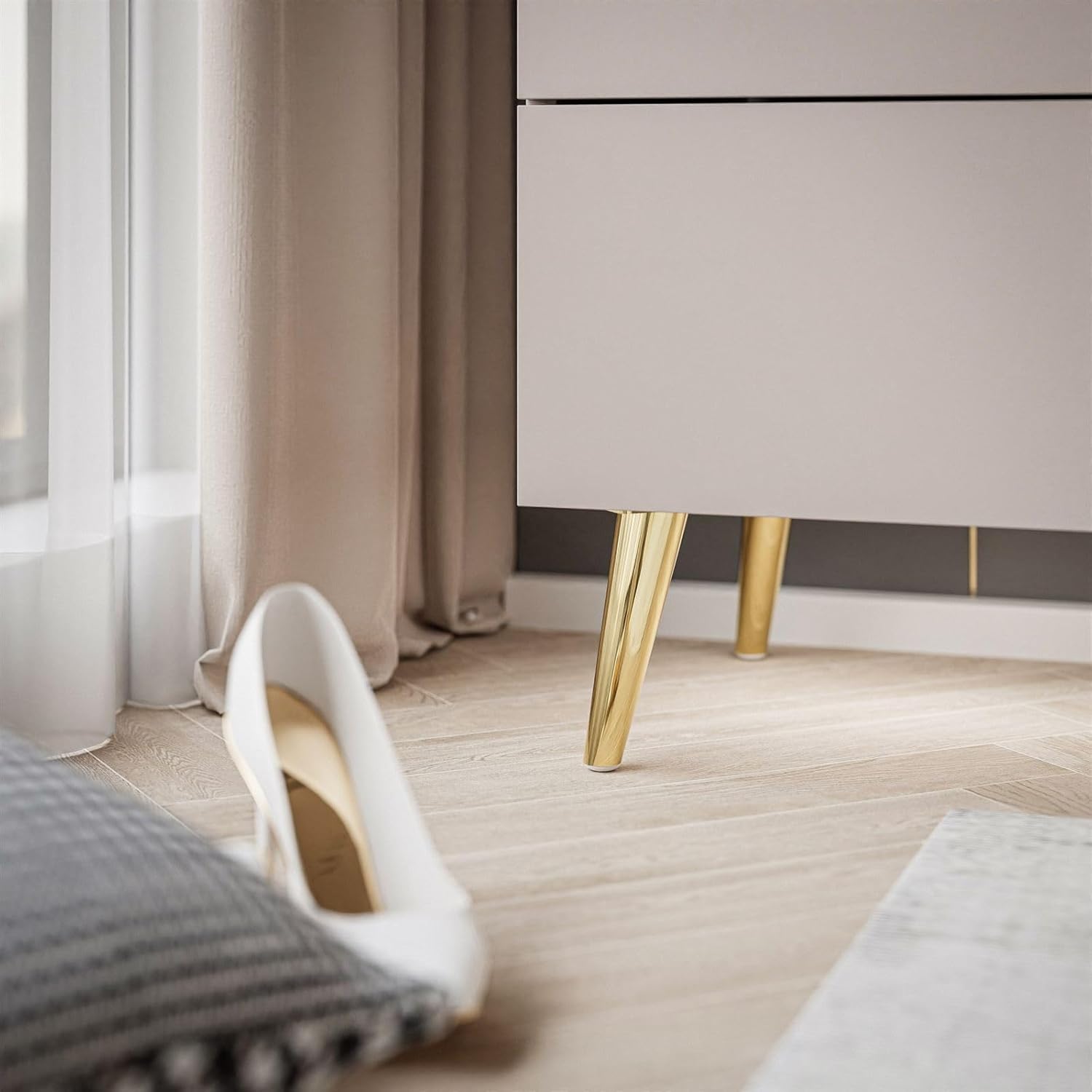 Lookway Nachttisch Aurora II Kaschmir Matt mit LED Beleuchtung Hängend oder auf Goldenen Beinen Gold Dekorative Leiste Modernes Schlafzimmermöbel (mit schräge goldene Chrom-Beine)