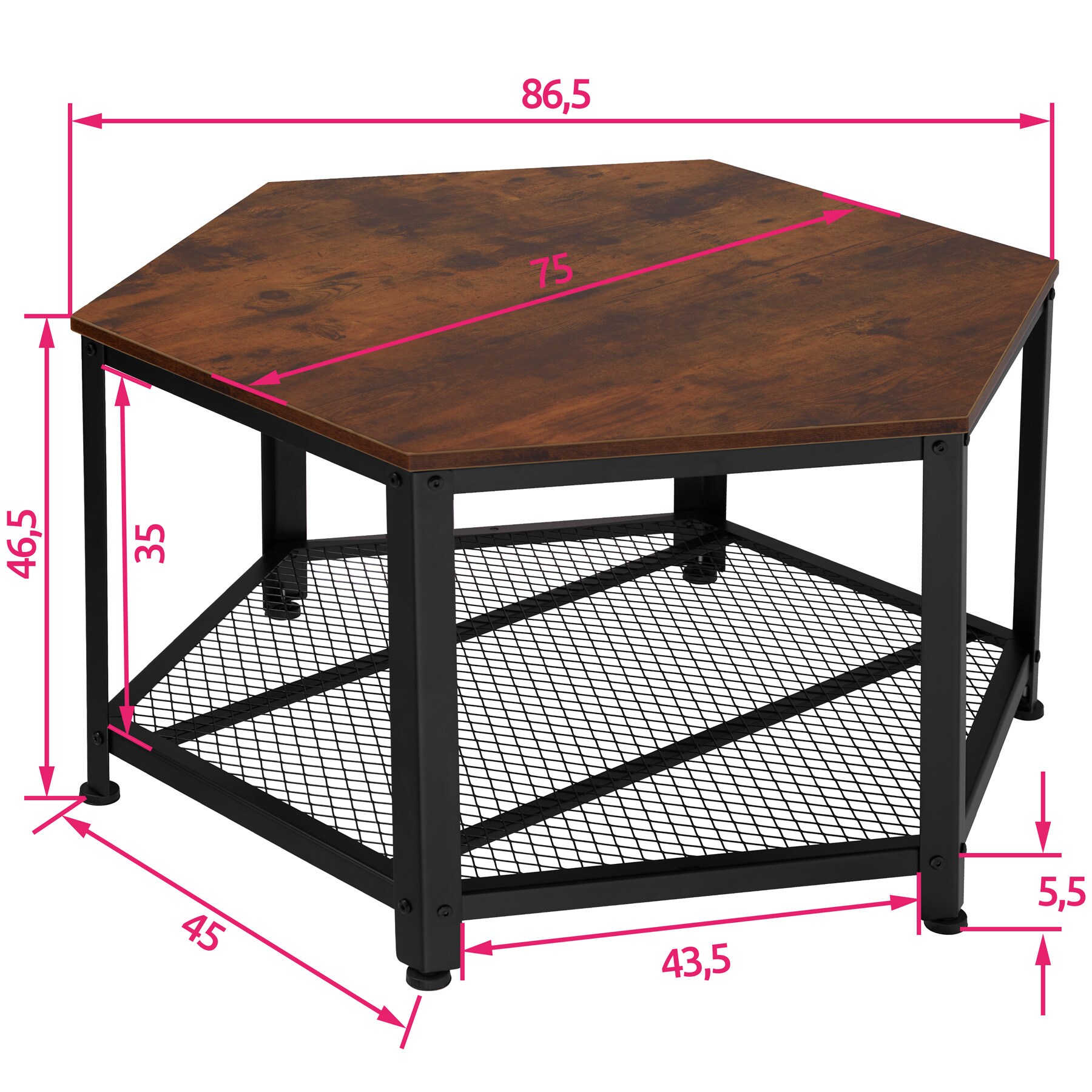 tectake® Couchtisch, Industrial Style, sechseckig mit Gitterablage, 86,5 x 75 x 46,5 cm