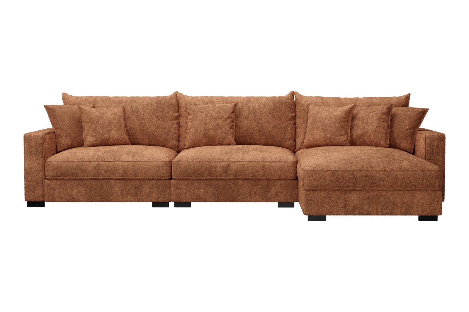 Rossi Lux 3-seter med sjeselong høyre Tekstil Genesis 9 Deep Terra, arm B med sorte ben. Lux Komfort.