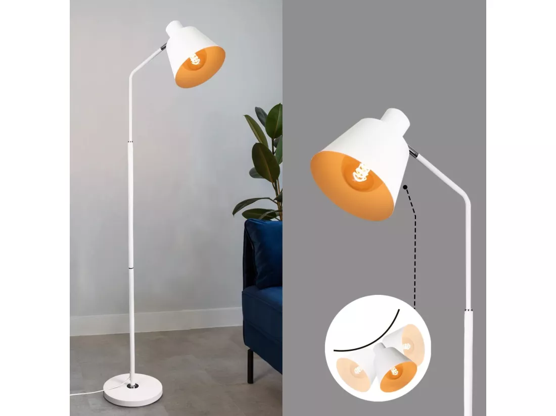 NETTLIFE Lampe sur pied pour salon, lampe debout vintage - 166 cm, design rétro, lampe sur pied blanche en métal avec douille E27, maximum 40 W