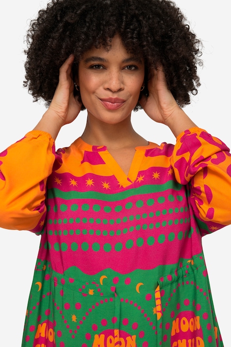 Midikleid, A-Line, Wildkatzen-Mustermix, Tunika-Ausschnitt, Langarm