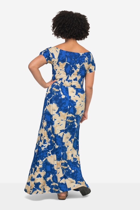 Jersey-Maxikleid, Alloverdruck, Runhdhals, gesmokte Büste, Halbarm