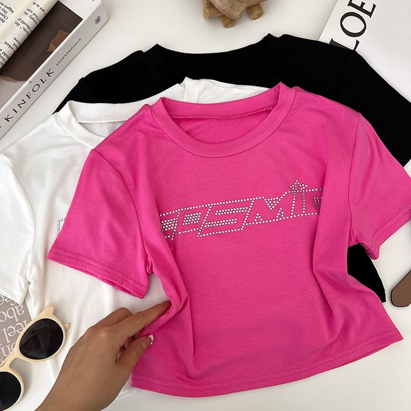 Babique - T-shirt met korte mouwen en ronde hals en tekstprint en strass