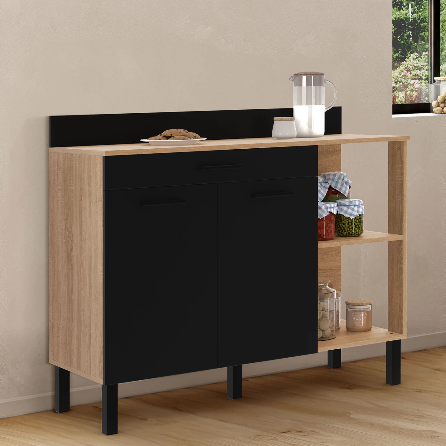 Buffet bas de cuisine 120 CM CINA plan de travail H.83 cm 2 portes + tiroir façon hêtre et noir