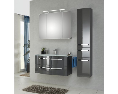 Badkamermeubelset Pelipal Xpressline 4005, afmetingen (B x H x D): 132 x 200 x 49 cm, fronten in hoogglans grijs, met wastafel en badmeubel van wit glas, spiegelkast met LED-verlichting en hoge kast (992.09001121).