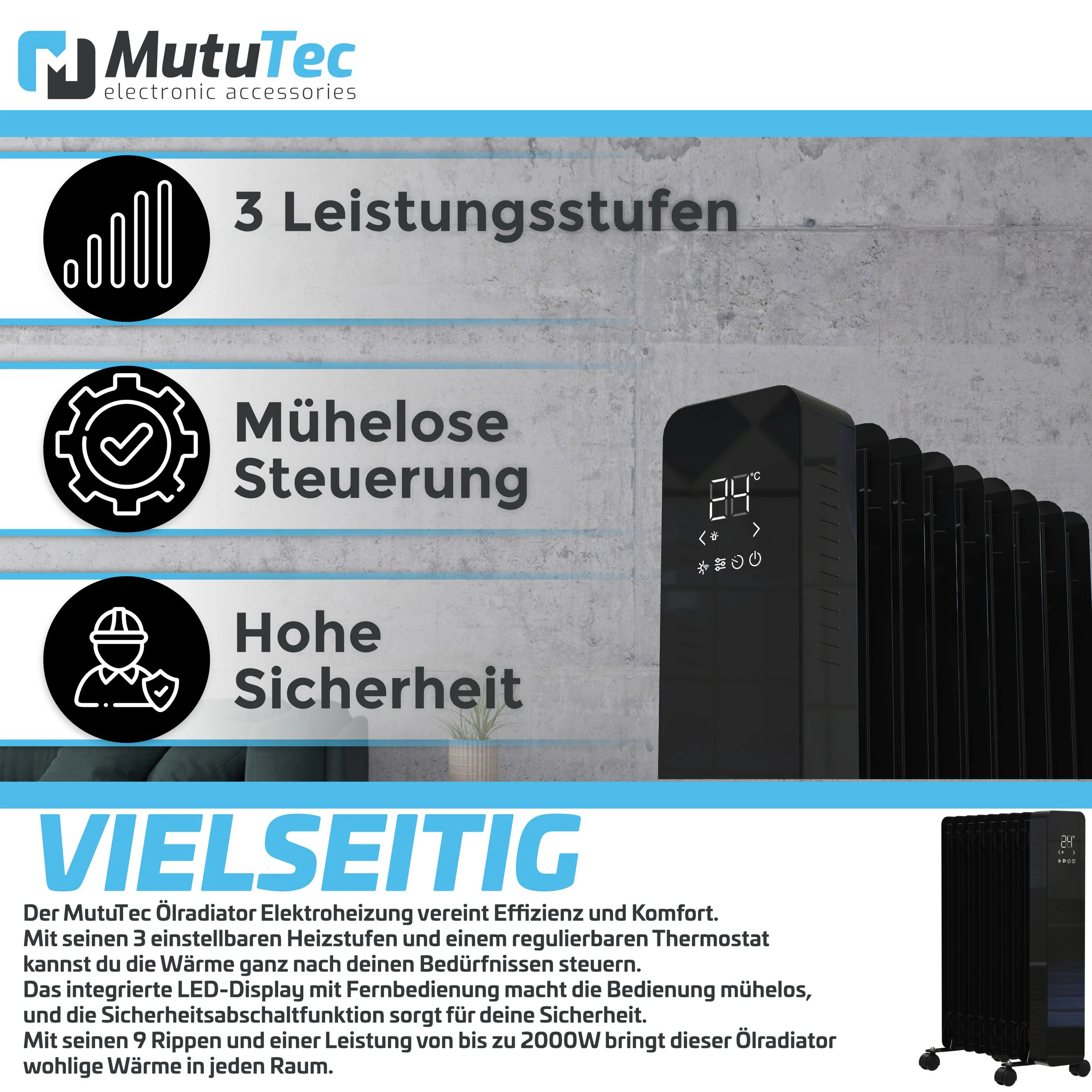 MutuTec Ölradiator / Elektroheizung 9 Rippen 2000W - Schwarz
