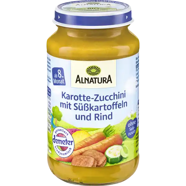 Bio Karotte-Zucchini mit Süßkartoffeln und Rind