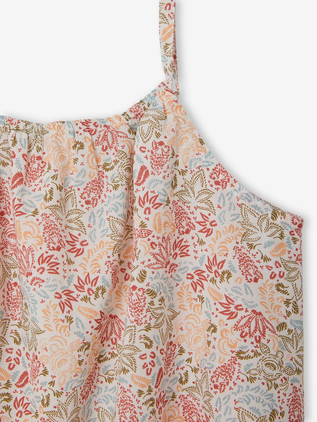 Blusa off-white com alças finas e estampas exóticas para meninas.