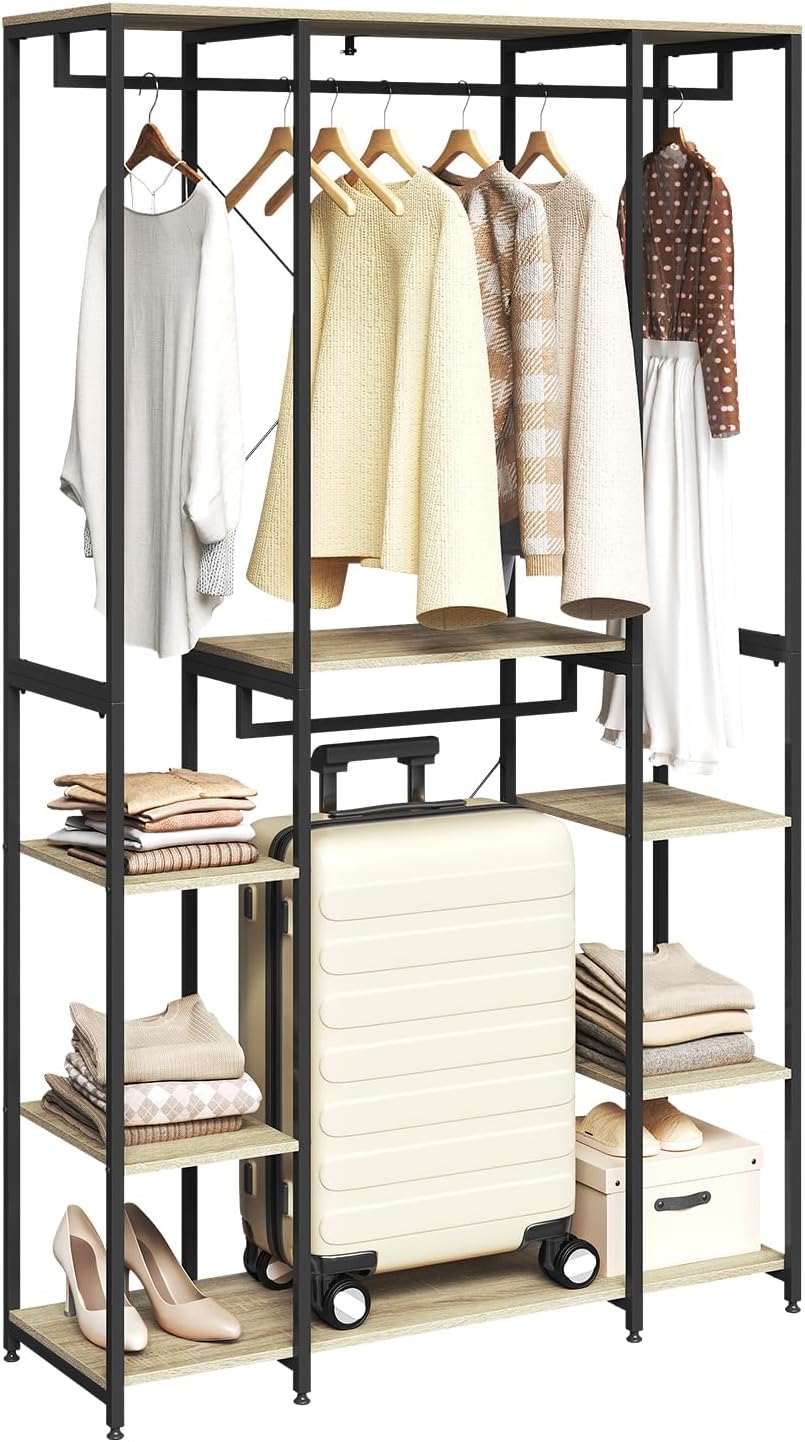 WOLTU Kleiderschrank offen Kleiderständer Garderobenständer für Schlafzimmer, Einfache Montage, Metal Kleiderstange mit Ablagen Hell Eiche+Schwarz XT4862733