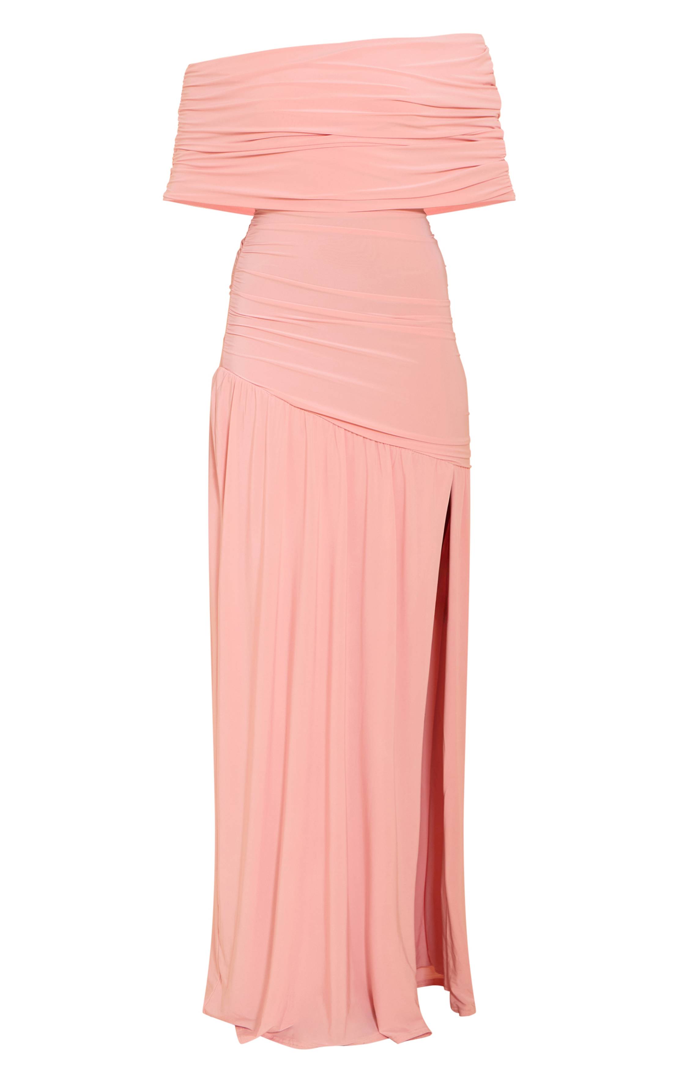Rose Pâle Robe Longue Froncée À Double Couche Slinky Bardot Asymétrique
