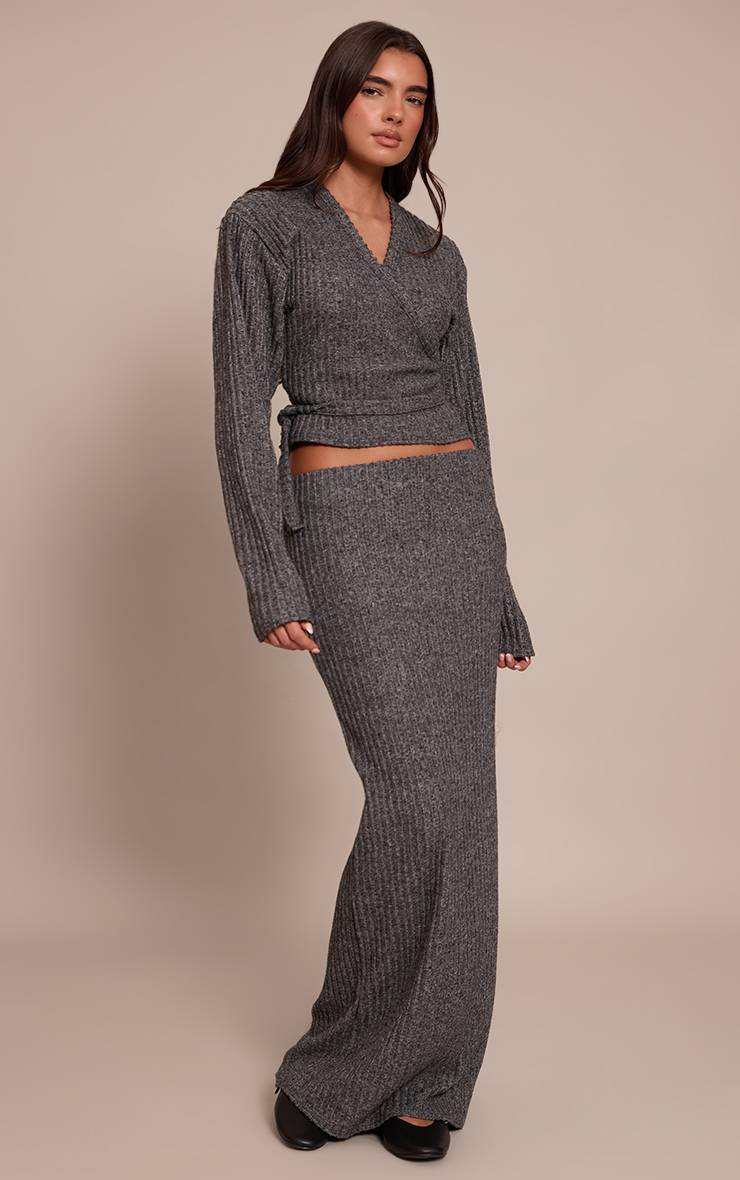 Charbon Jupe Longue Taille Élastique En Tissu Brossé