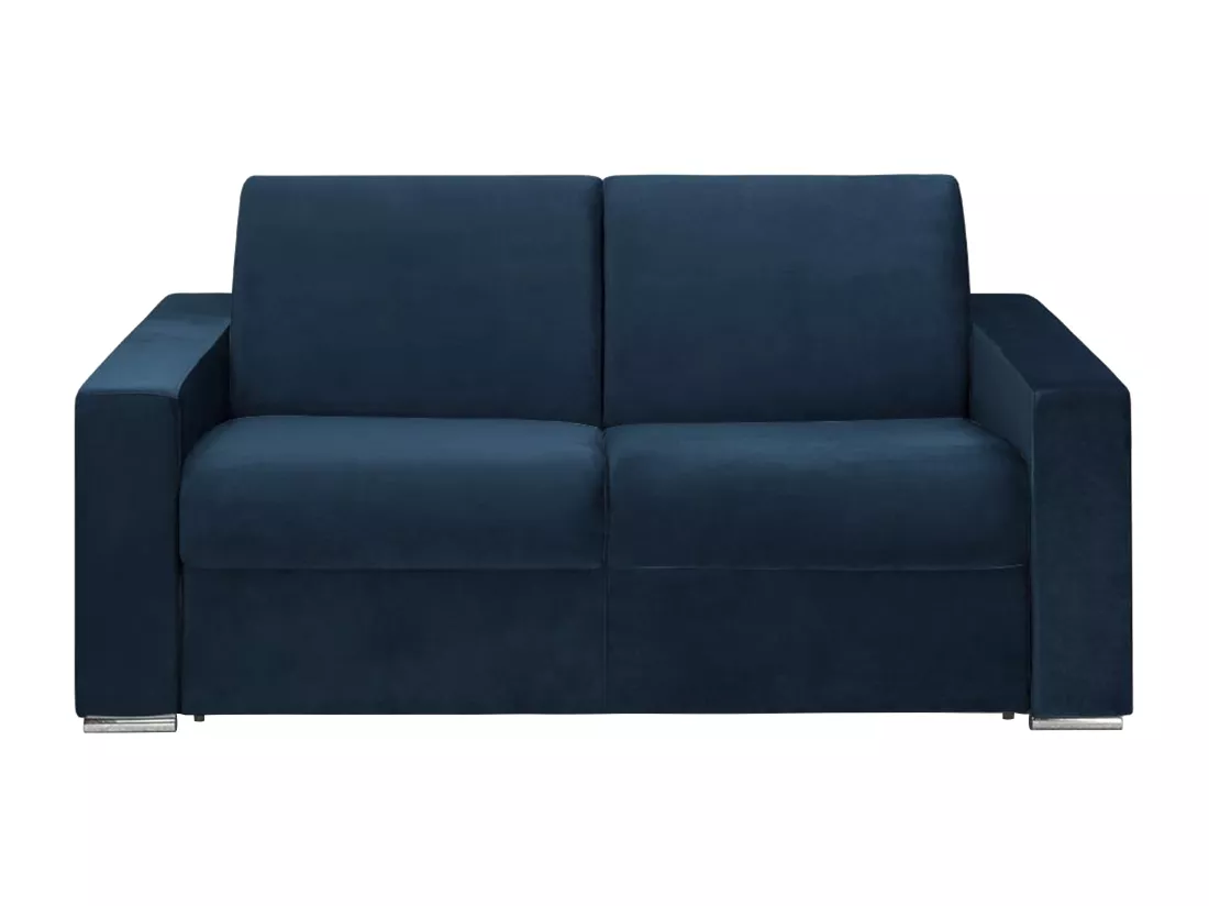 Canapé 2 places convertible express en velours bleu nuit - Couchage lattes larges 120 cm - Matelas 14 cm CALITO