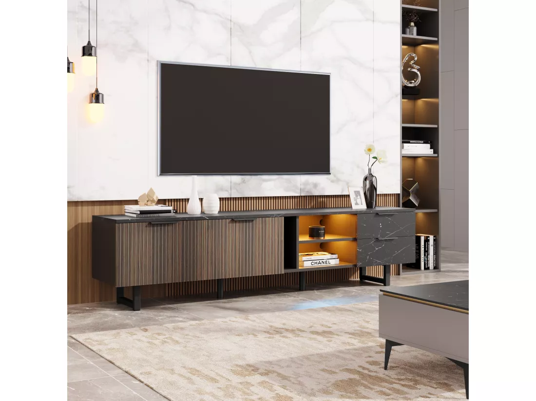 Meuble TV avec 2 portes, 2 tiroirs et 2 niches - 200 x 38 x 50 cm - LEDs - Bois MDF - Noir + bois