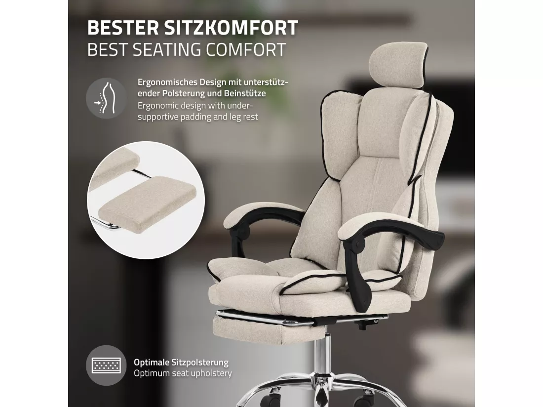 ML-Design Chaise de Bureau Ergonomique, Beige, Réglable en Hauteur avec Dossier Haut