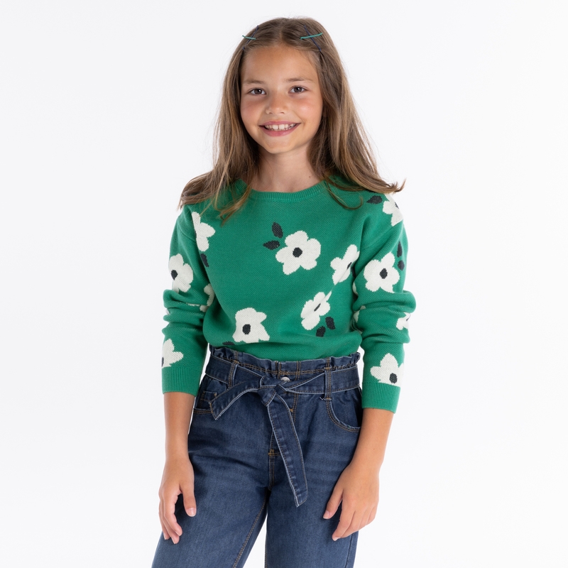 Pull jacquard à fleurs vert fille