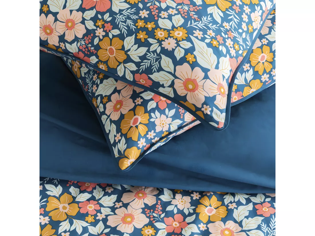 Parure de lit 2 personnes en coton 57 fils imprimé bleu 240x220cm