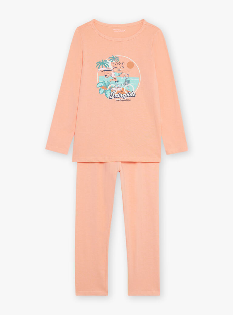 Pyjama deux pièces orange pâle en coton avec cape tête de panthère