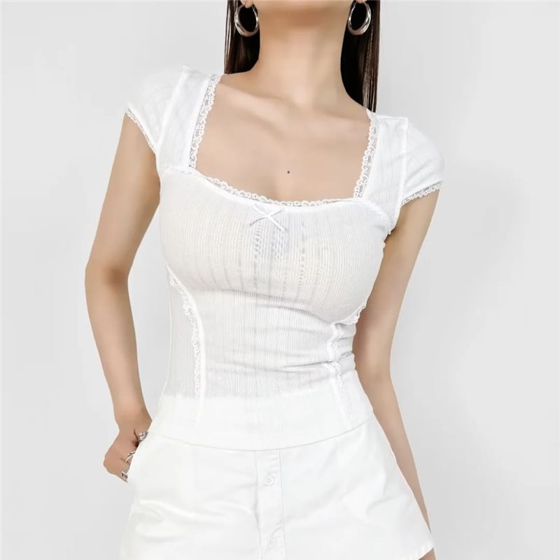 Asiris - T-shirt met korte mouwen, vierkante hals, effen kant en strik