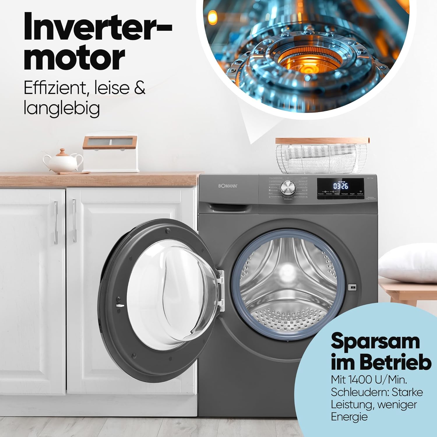 Bomann® Waschtrockner | Waschen und Trocknen | 10 Jahre Motor-Garantie | 8 kg Waschen, 5 kg Trocknen | Invertermotor | 1400 U/Min | Waschmaschine mit Trockner integriert | WAT 7186 titan