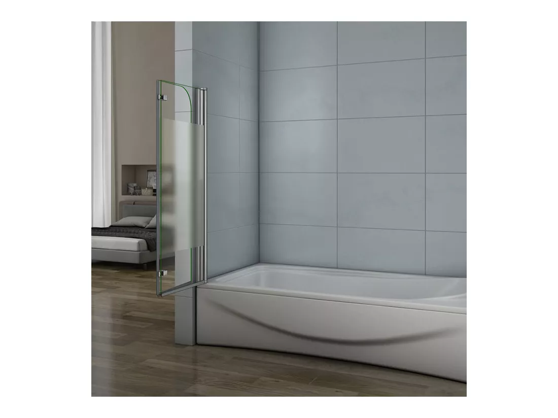 Pare-baignoire 100x140cm pivotant et pliant, paroi de baignoire installé à gauche en verre anticalcaire et sablé au centre