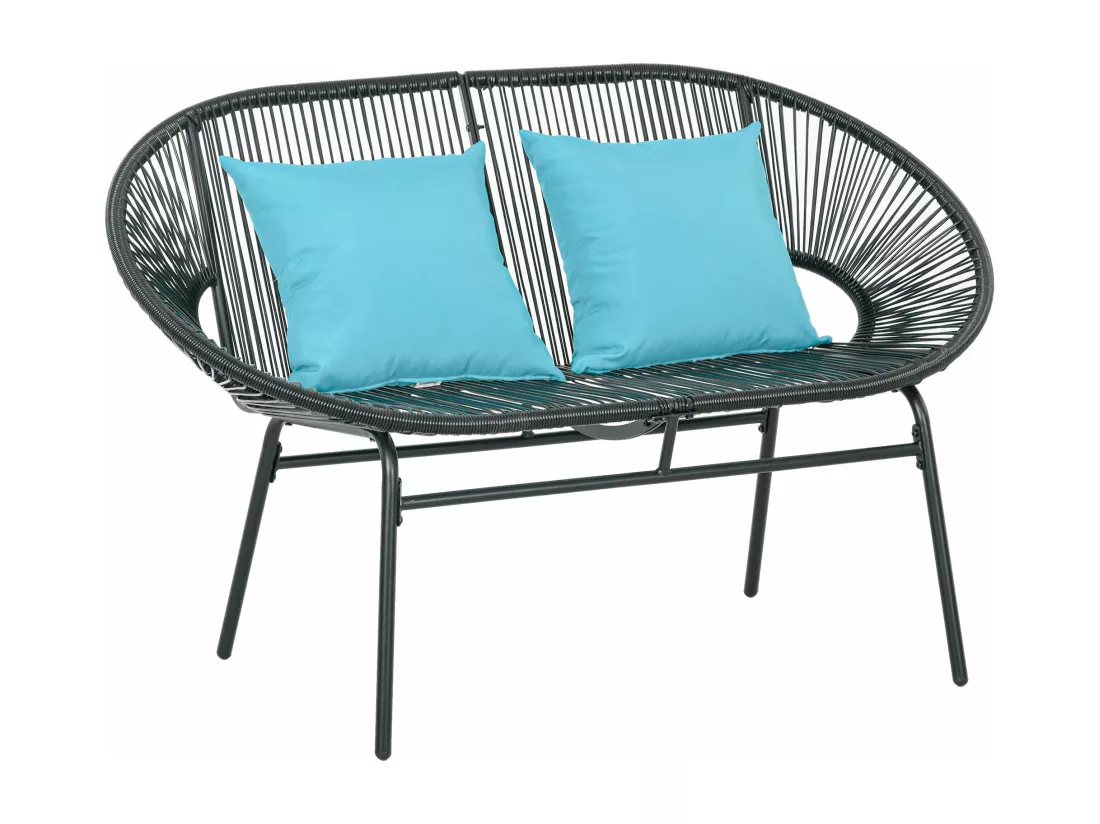 Banc de jardin 2 places design Acapulco 2 coussins métal résine filaire noir