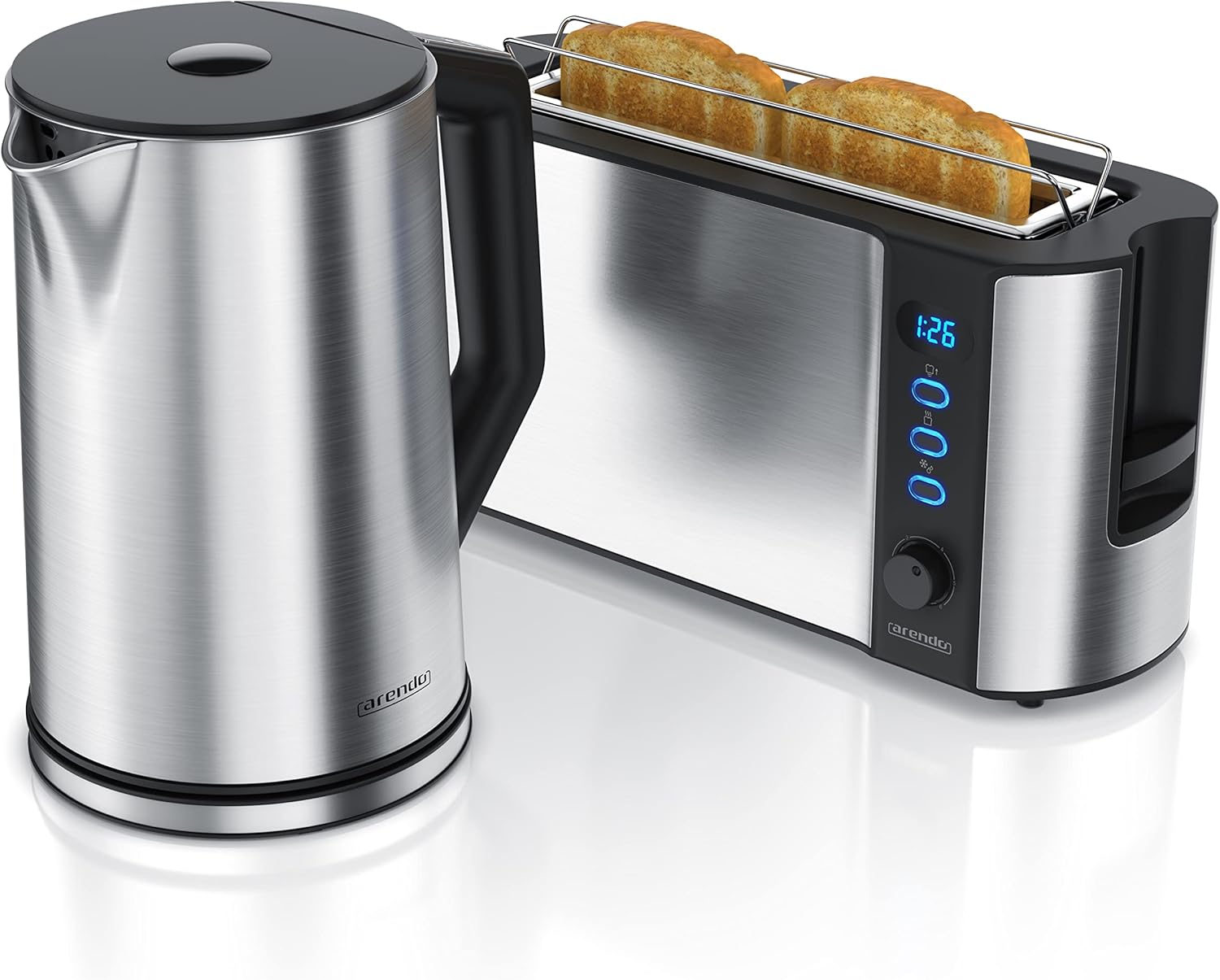 Arendo - Wasserkocher mit Toaster SET, Edelstahl Silber Wasserkocher 1,5L 40° - 100°C Warmhaltefunktion Toaster 2 Scheiben Display 6 Bräunungsgrade Brötchaufsatz