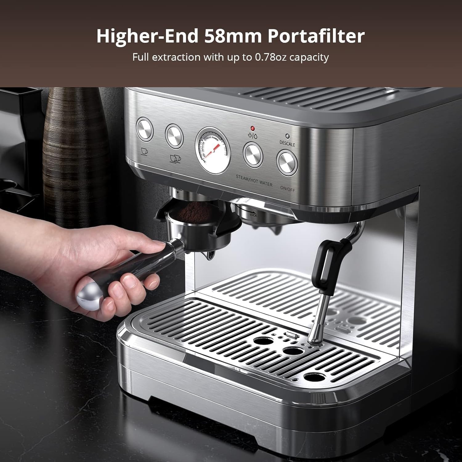 Acekool Espressomaschine, 2.3 L Wassertank 15-Bar-Extraktionsdruck, Espresso Siebträgermaschine mit integriertem Mahlwerk und professioneller Milchschaumdüse für Cappuccino Latte, Silber, edelstahl
