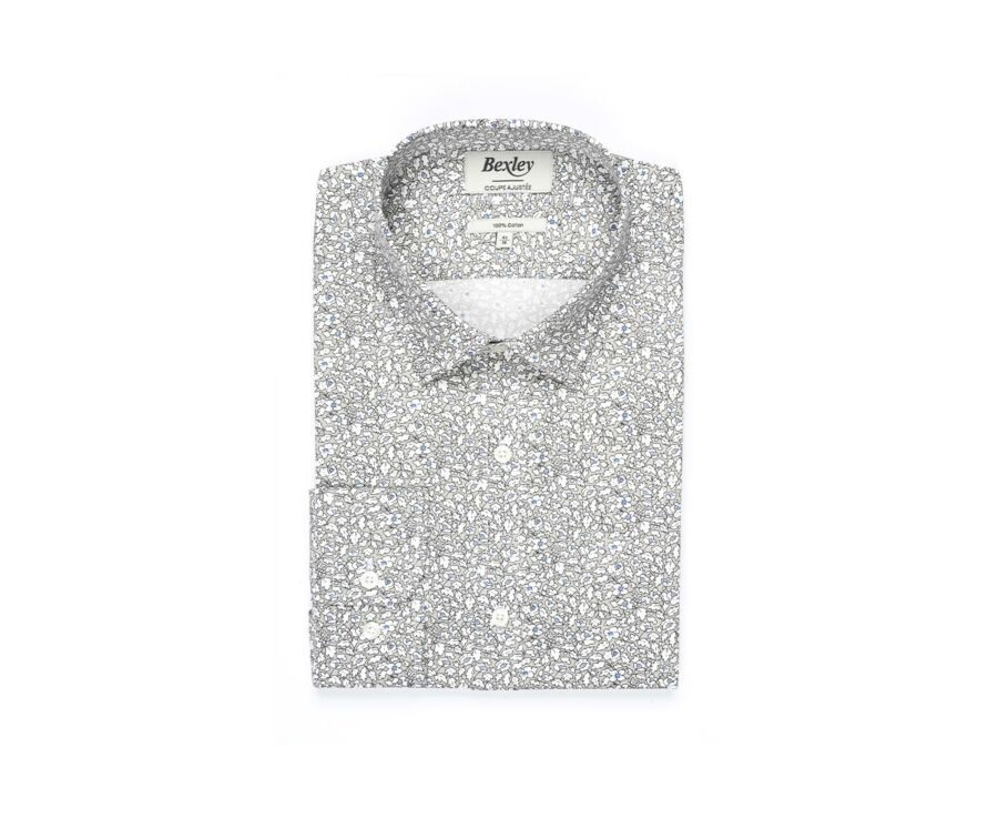 Chemise coton taupe imprimée fleurs blanches et bleues - VICTORIEN