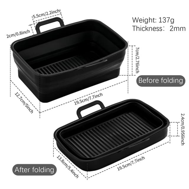 Sammenklappelig firkantet Air Fryer silikoneform 19,5x12,7x7 cm Grå