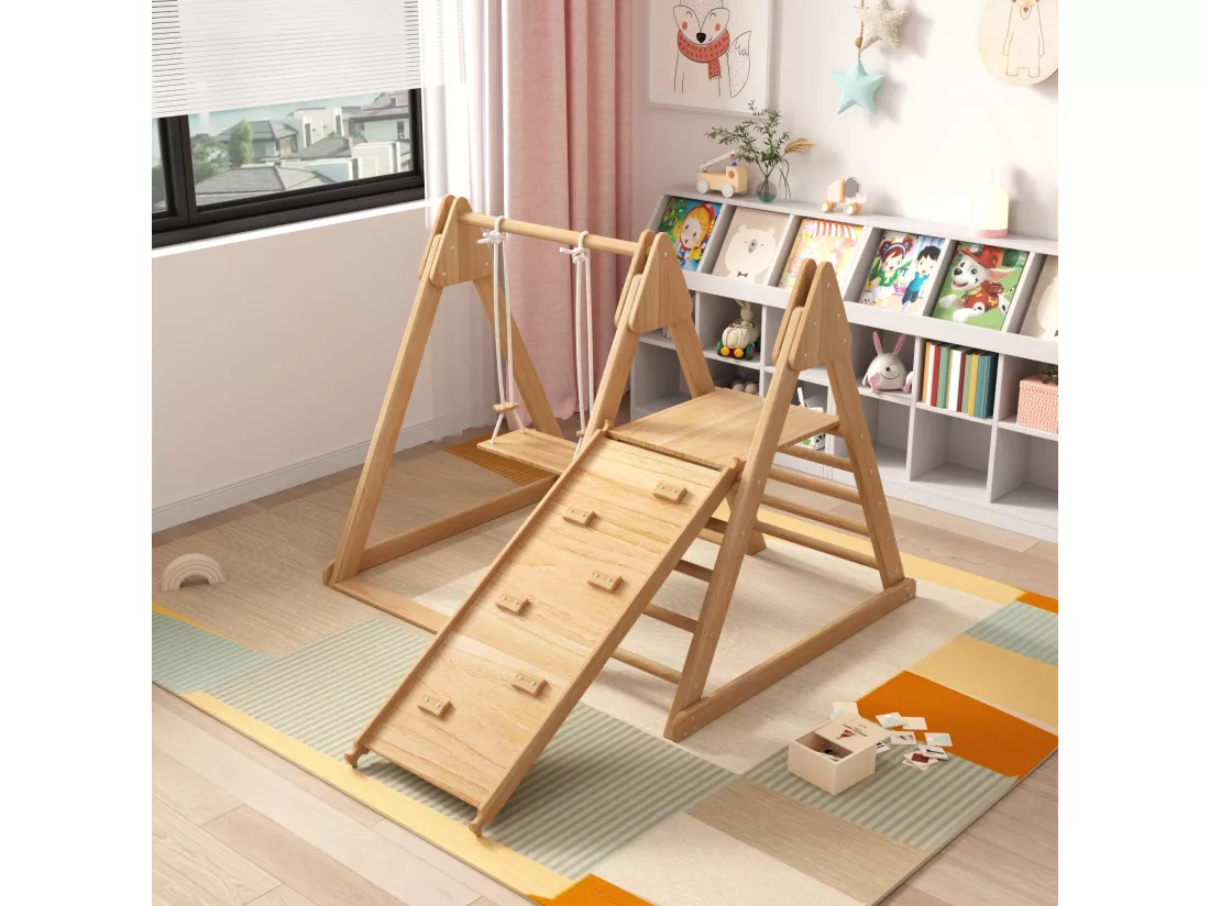 Jouet pour enfants 3 en 1, jouet en bois avec structure d'escalade, balançoire et toboggan