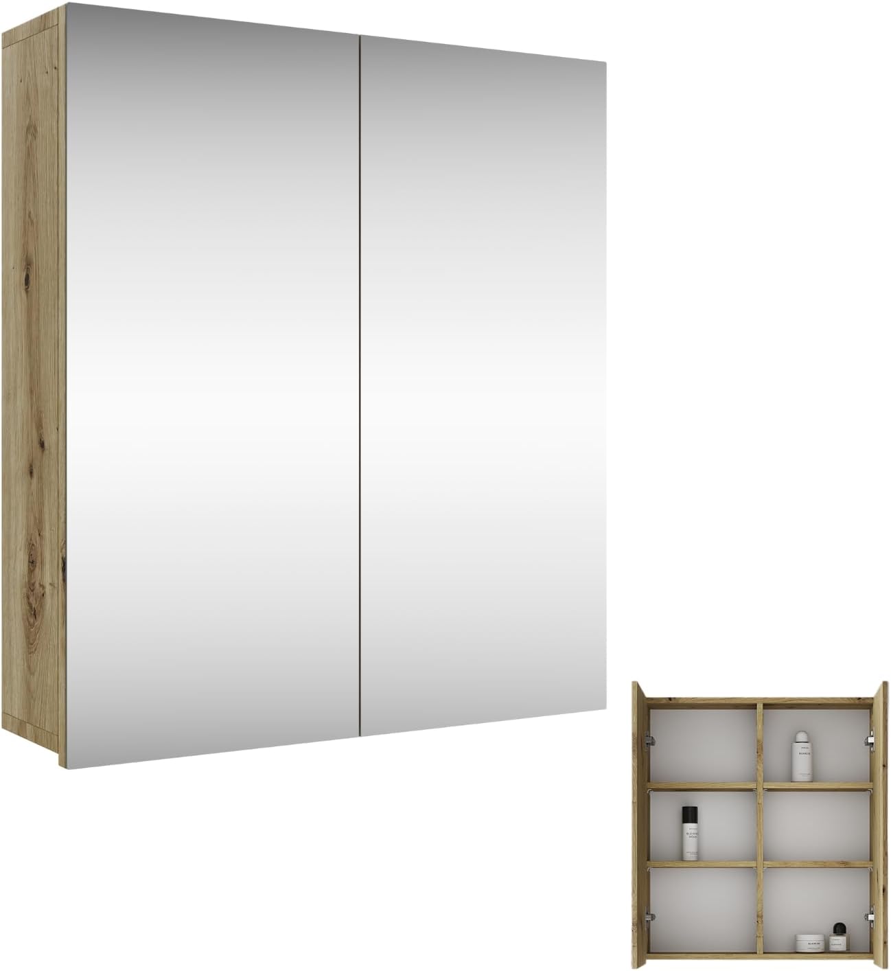 Planetmöbel Merkur Spiegelschrank Bad 60 cm breit | Badschrank hängend mit Spiegel | Artizan Eiche, ohne Leuchte, Spiegelschrank Gäste WC 60x67 x 16 cm
