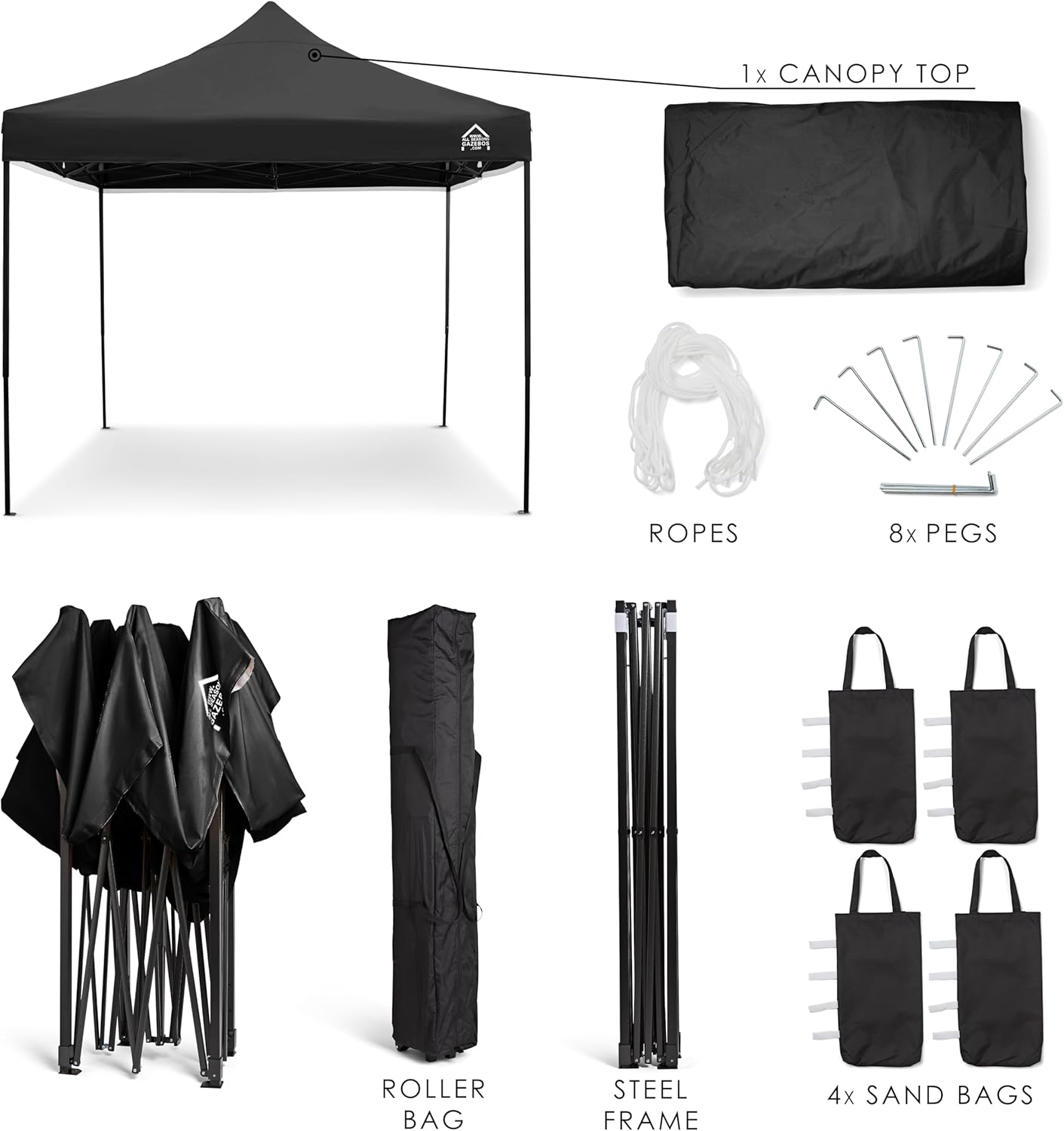 All Seasons Gazebos | 3x3m Pop Up Faltpavillon mit Zubehörpaket | Schwerlast, vollständig wasserdicht, hochwertige Materialien (Schwarz)