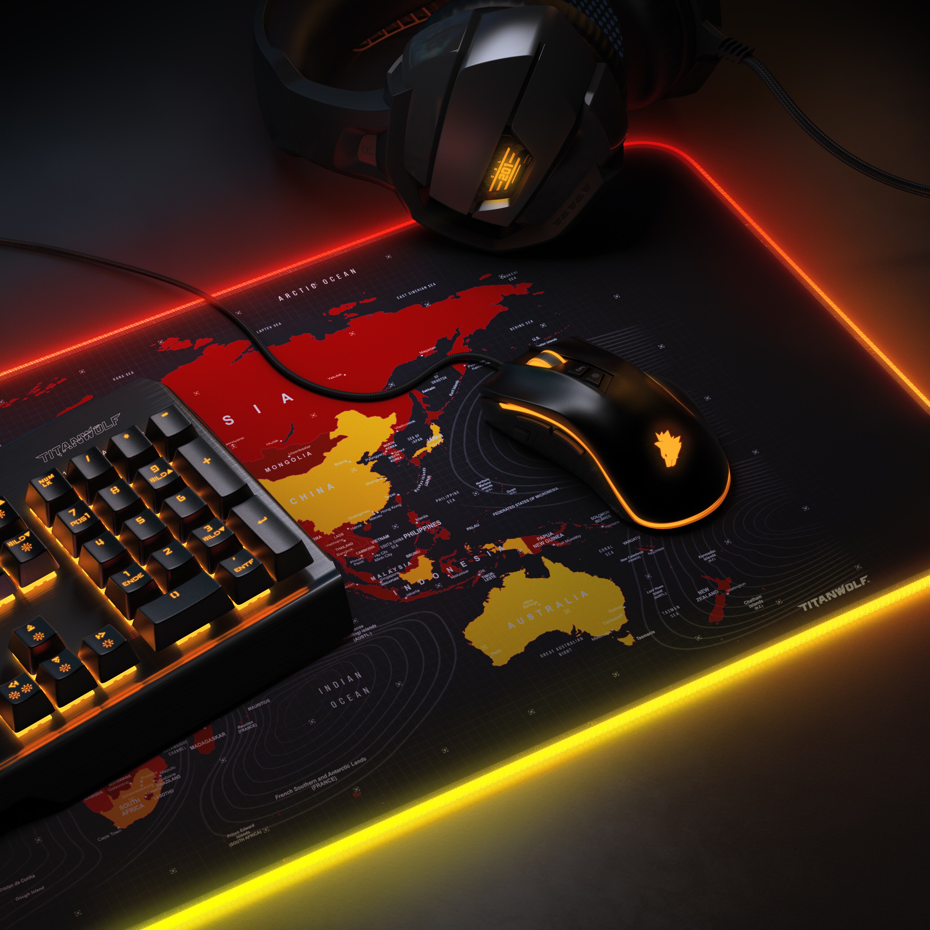 Titanwolf RGB Gaming Mauspad, Mousepad XL 800 x 300mm verbessert Präzision & Geschwindigkeit, Weltkarte rot