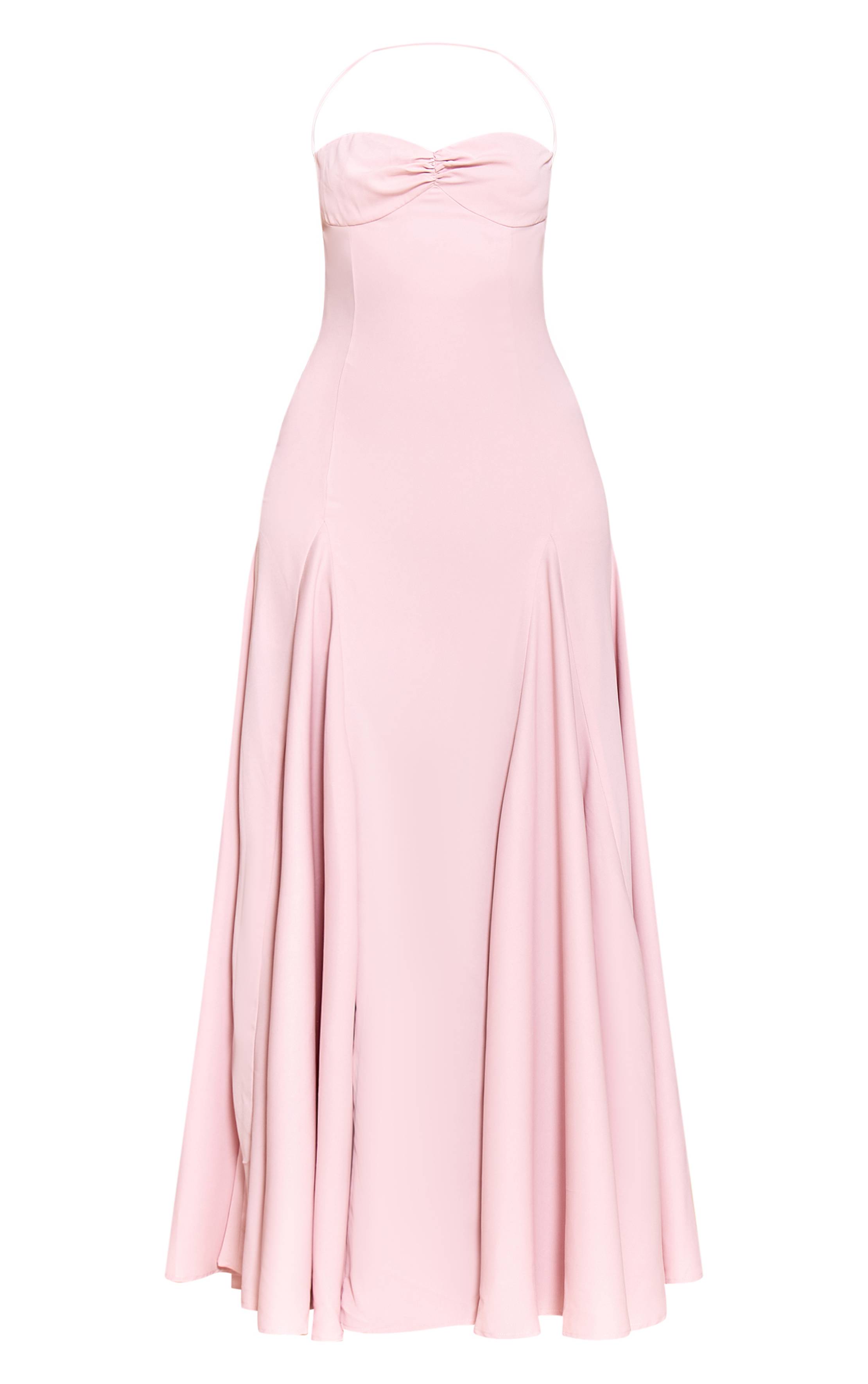 Rose Pâle Robe Longue Tissée À Encolure Américaine Avec Détail Froncé Au Buste