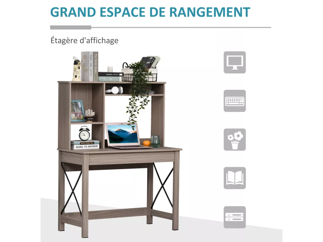 Bureau bibliothèque 2 en 1 - 3 niches 4 espaces de rangement - panneaux particules aspect bois marron clair métal noir