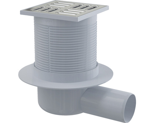 Alcadrain vloerafvoer 105 mm x 105 mm met horizontale uitloop DN 50 mm, RVS rooster, combi-stankafsluiter SMART